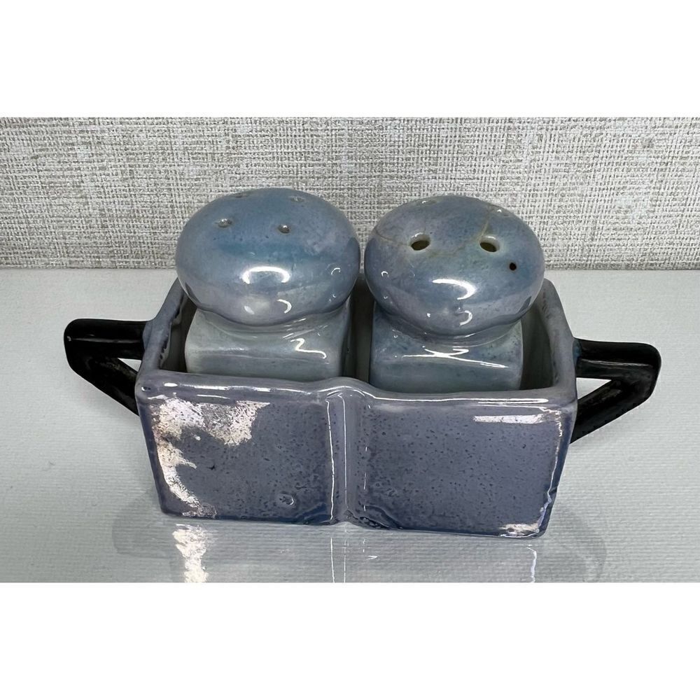 Handmade Blue And Black Mini Salt and Pepper Shakers With Holder